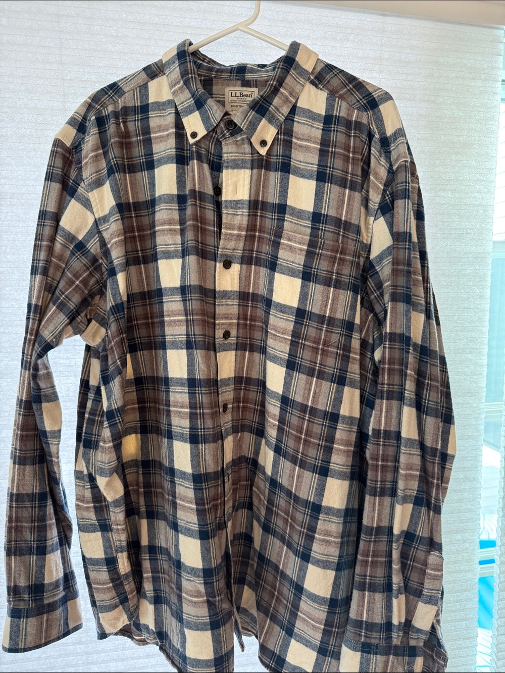 L.L. Bean Plaid Button-Down Shirt in Blue, Brown & Cream